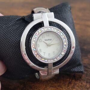 Vintage Watches Narmi Ladies Silver Circle Quartz Watch with Crystals Y2K